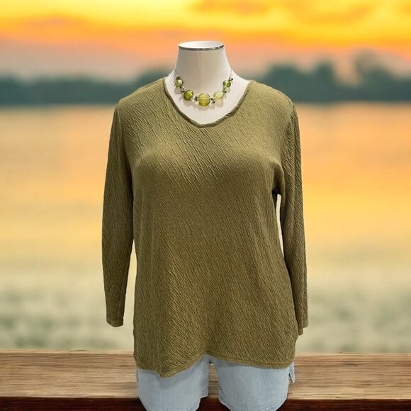 Pure Jill Womens Textured Olive Green Long Sleeve Top L Comfy Casual Relaxed Fit - Picture 1 of 8